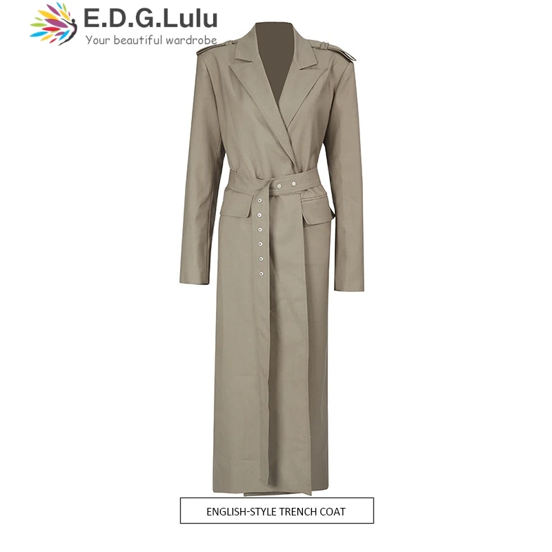 

EDGLuLu Design Back Side Single Breasted Long Trench Coat Woman Turn-Down Collar Long Sleeved Windbreaker Jacket+Beit
