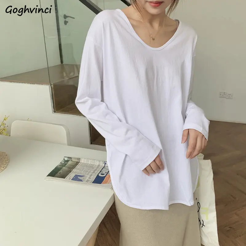 V-neck White Long Sleeve T-shirts Women Basic Simple Solid Baggy Spring Cotton T Shirt Elegant Ins Trends All-match Undershirts