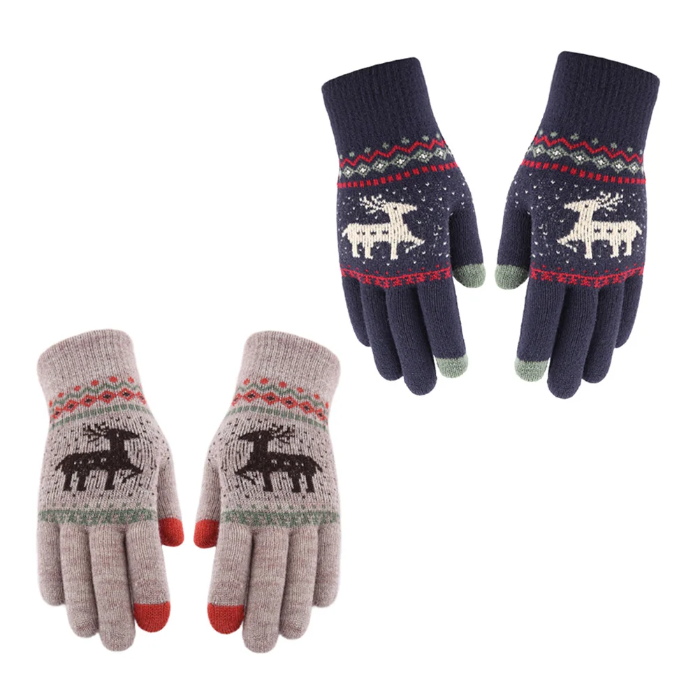 

2Pairs Touch Screen Winter Gloves Warm Windproof Outdoor Unisex Mittens Multipurpose Hand Protector Knitted Gloves