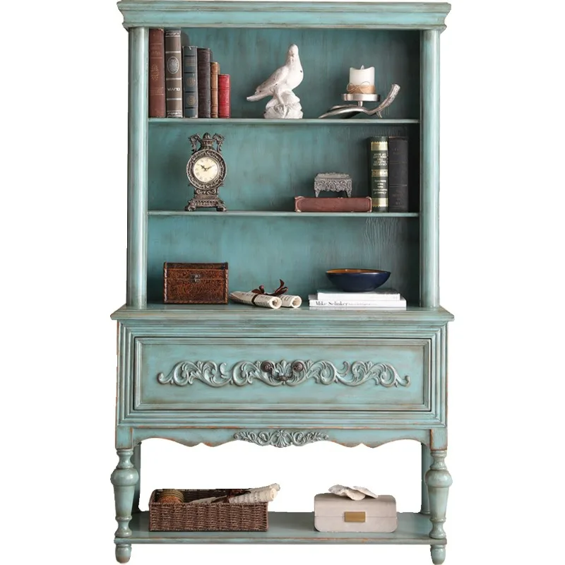 American solid wood bookcase retro carved wall decorative cabinet household living room locker corner cabinet
