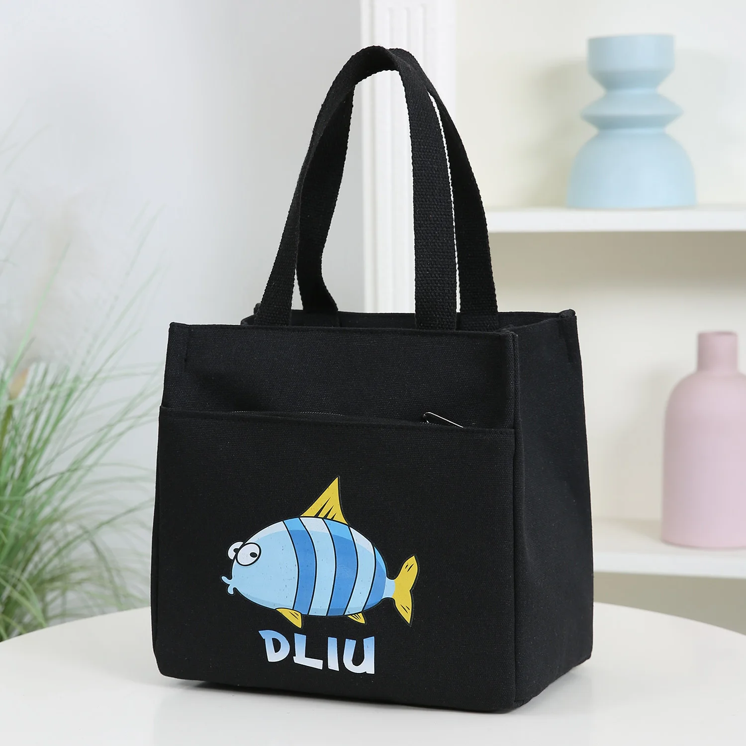 DLIU, New Style, Thickened Fabric, Small Fish Pattern, Tote Bag, Lunch Bag, Lunchbox Storage Bag, Interior Made of Aluminum Foil