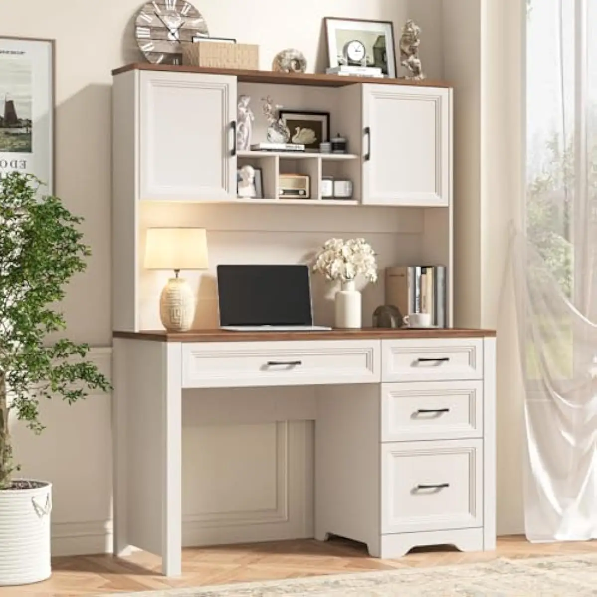 Rustic Modern Executive Desk with Four Drawers and Hutch Storage | Vintage White Engineered Wood Workstation | Smooth Waterproof