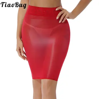 Tiaobug femmes solide brillant Nylon transparent jupe courte hanche taille haute tissu doux jupes crayon extensible chaud Semi Club jupes