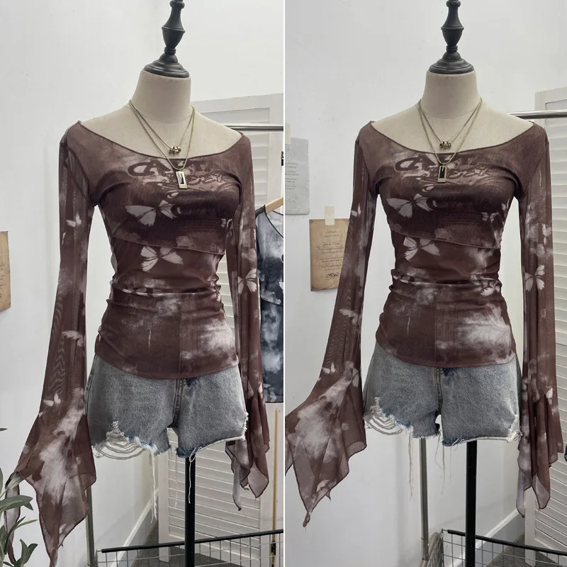 

Women Chic Long Sleeve Bottoming Mesh Shirt Sfumato Printed Irregular Ruffled Ribbon Pleated Top Party Essential Streetwear6665