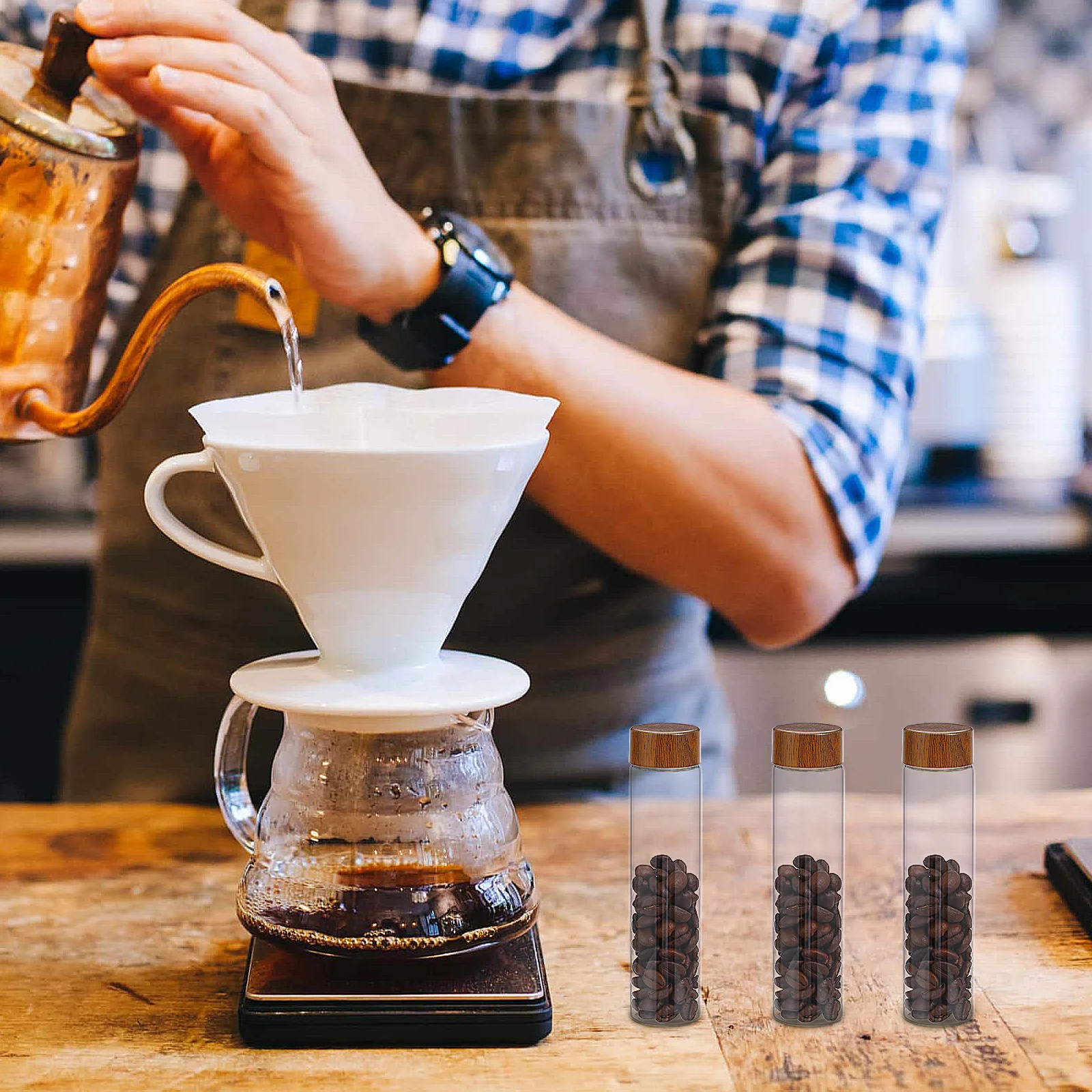 

1Set Coffee Bean Storage Tubes Glass Jars with Sealed Lids Wooden Display Stand for Coffee Beans Storage and Showcase