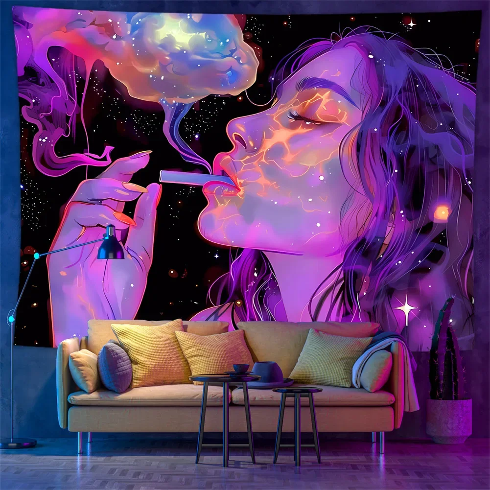 VIKAMA Blacklight Trippy Smoking Woman Tapestry UV Reactive Neon Wall Hanging Psychedelic Room Decor