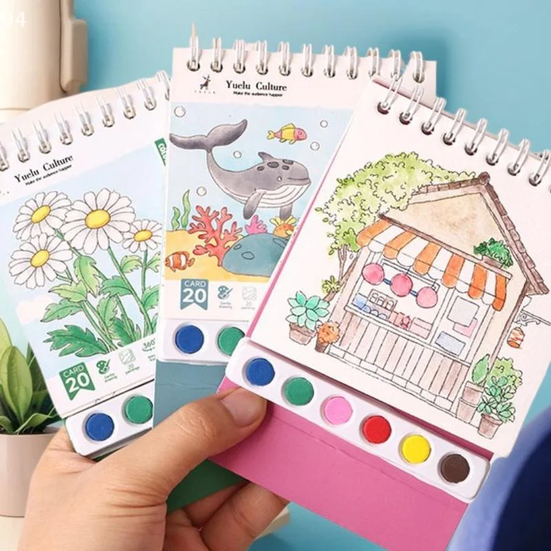 Desktop Decoration Set: Coil-Based Watercolor Painting Book with Embedded Paint; Graffiti Style DIY Artwork