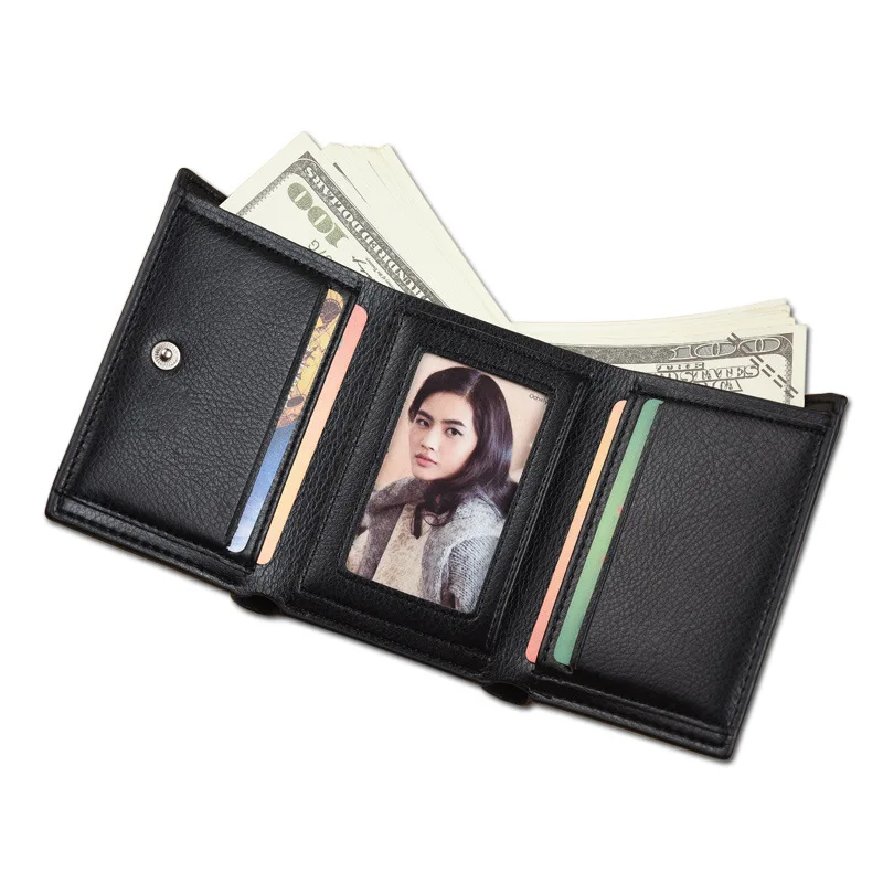 Hot Men's Three-fold Short Style Leather Wallet Multi Function Button Purse with Multiple Card Slots and A Clear ID Window