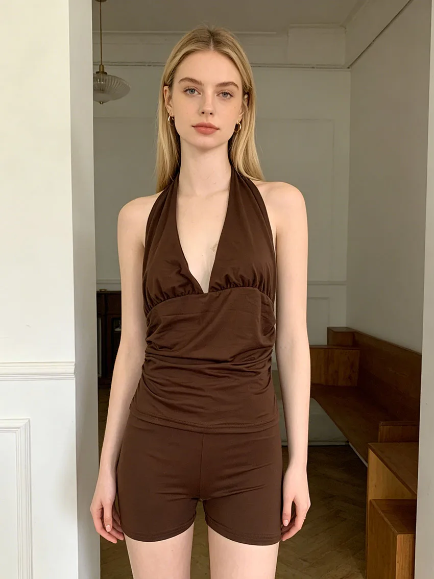 Chic Brown Halter Cami Short Set Deep V Neck Back Tie Ruched Waist Slim Fit Tank Top High Waist Shorts Soft Daily Casual Outfit