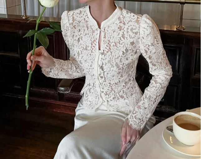 

Spring Retro Temperament Slim-fitting Small Stand-up Collar Bubble Sleeve Lace Knitted Jacquard Top Women's High-end Shirt