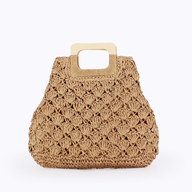 

Summer Beach Straw Bag With a Wooden Handle Woven Solid Color Large Capacity Travel Totes Hollow Out Zip Handbags Clutch Purse