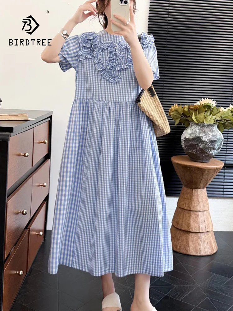 

Новое летнее женское хлопковое платье 2026 года с коротким рукавом, с круглым вырезом, в клетку, с 3D-рюшами, в стиле Мори Гёрл, свободное А-образное платье D64628CC