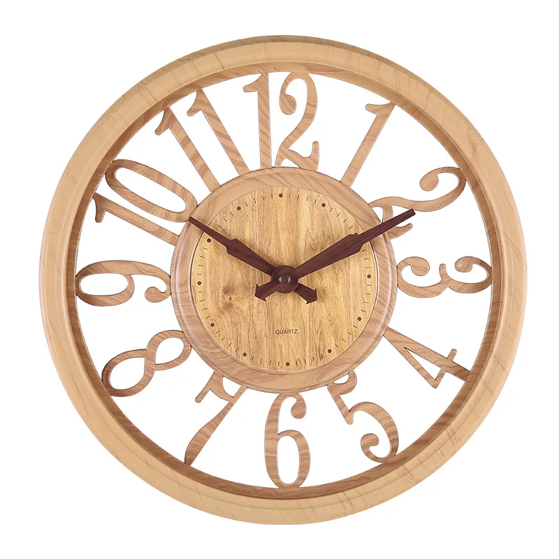 European Style Hollow Imitation Wood Grain Wall Clock Home Circular Creative Minimalist Wall Clock