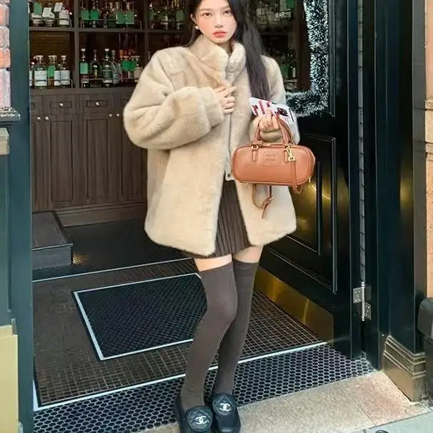 معطف فرو نسائي لربيع وخريف وشتاء ثينيد طويل Sve بياقة واقفة شارع Sle متوسط الطول فضفاض مناسب معطف فرو كامل