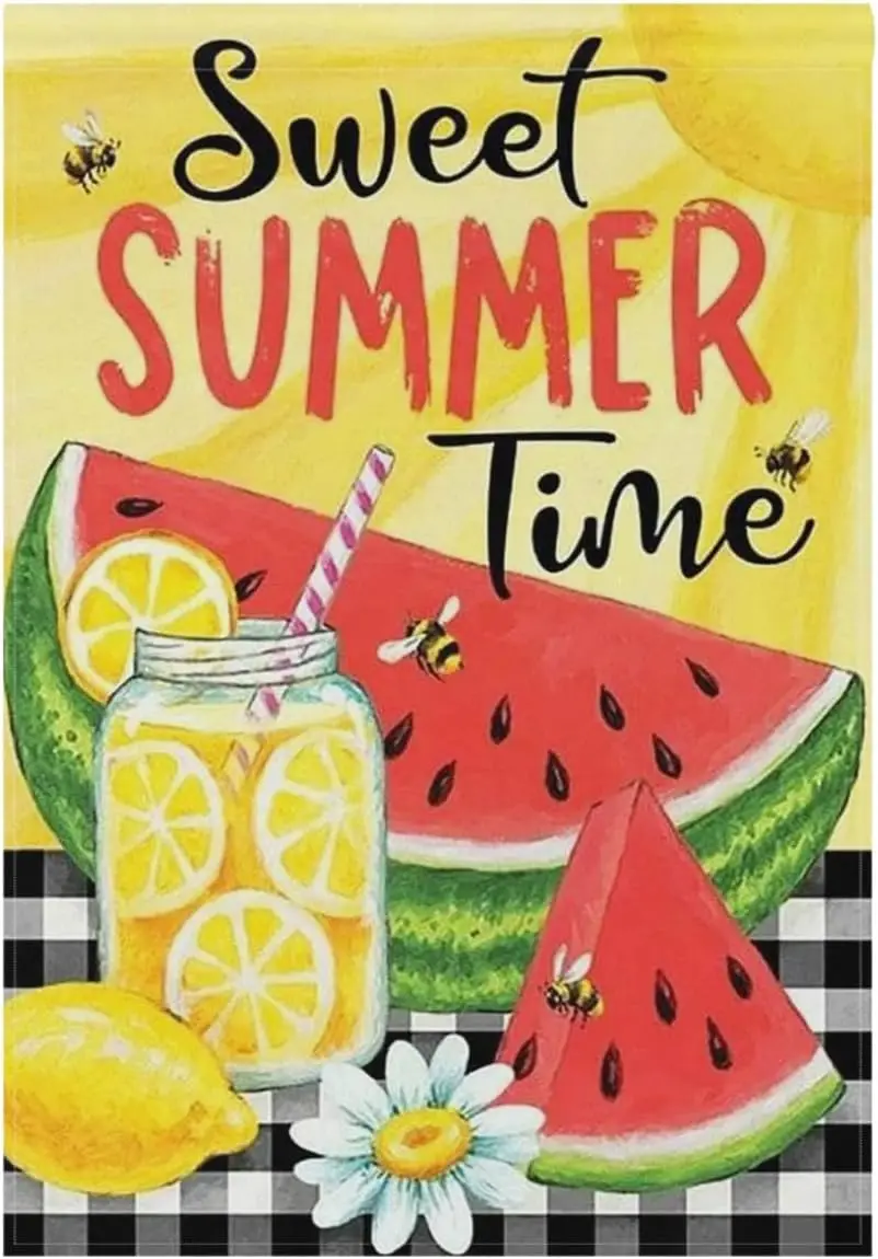 Summer Time Garden Flag 12x18, Sweet Watermelon Lemon Double Sided Flags Bees Flowers Buffalo Check House Flag Yard Banners Summ