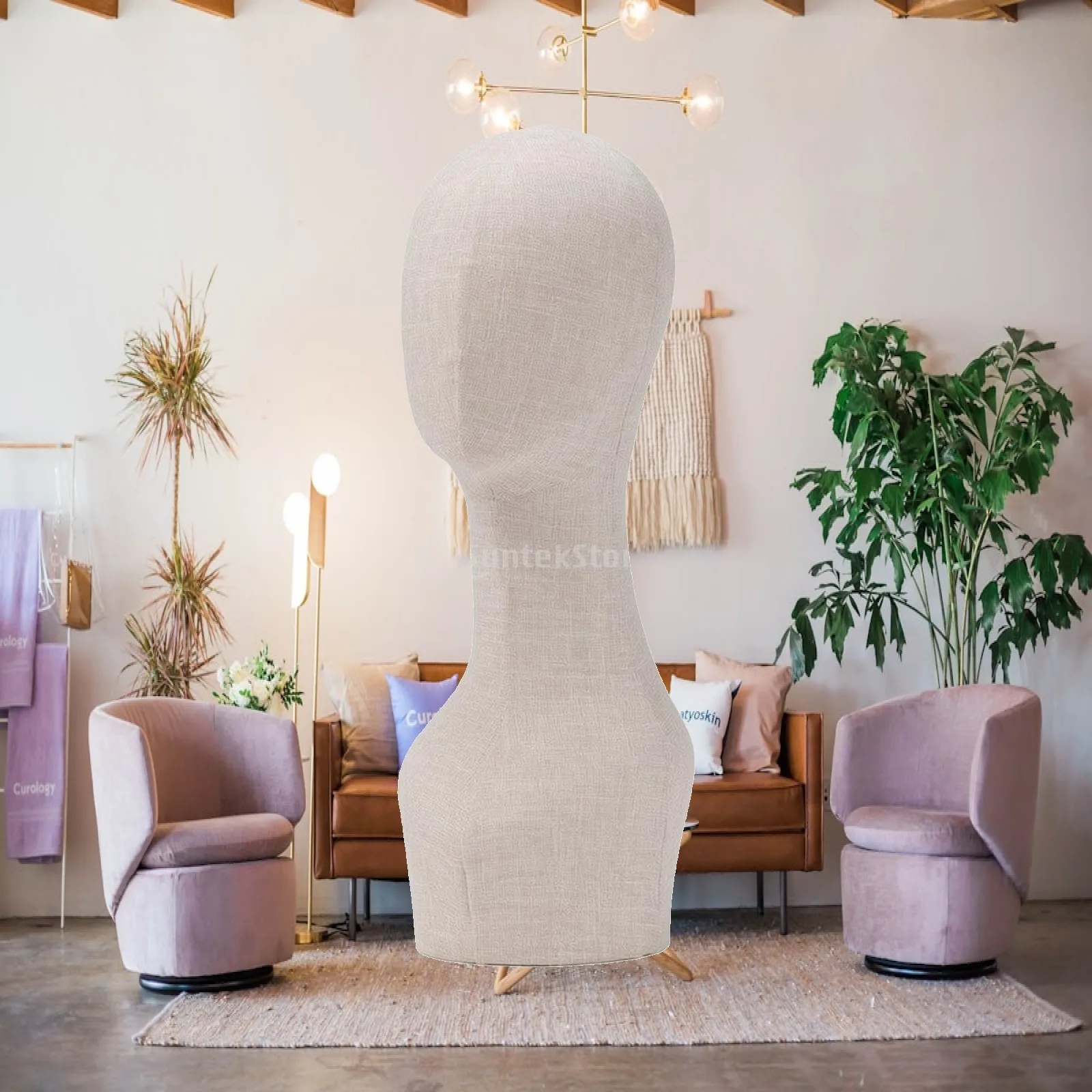 Stylish Female Mannequin Head for Wig Hat Display with Bamboo Linen Style Wrap for Retail Studio Photography Props