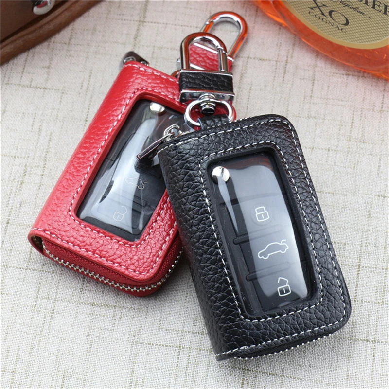 Universal Pu Leather Car Key Cover Transparent Visible Zipper Case Bag Keychain For Car Mini Keys Bags With Lock Shape Hook