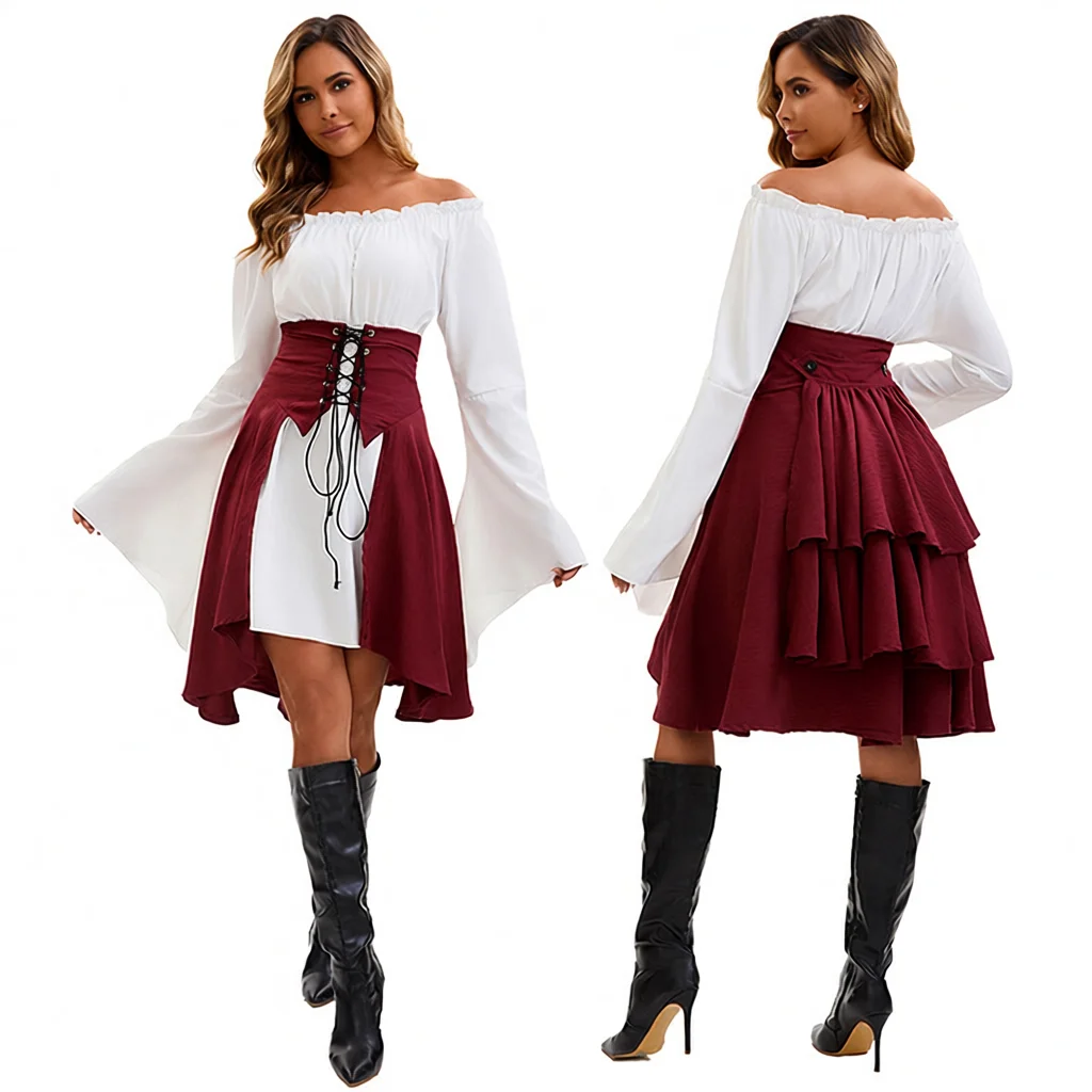 Halloween Medieval Renaissance Long Sleeve Shirt Waist Cinched Top Pirate Shirt Women Performance Costume Ethnic Stage Wear