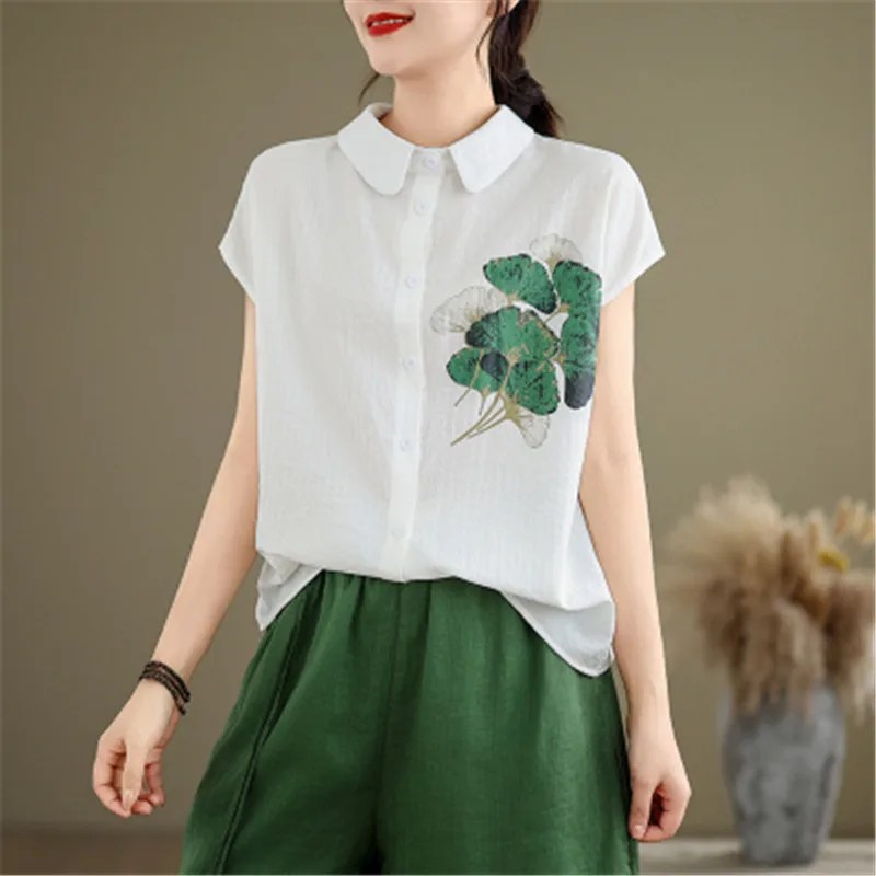 Shirts for Women 2024 Summer Cotton and Linen Retro Printed Large Size Solid Color Temperament Loose Short Sleeve Tops Blouses