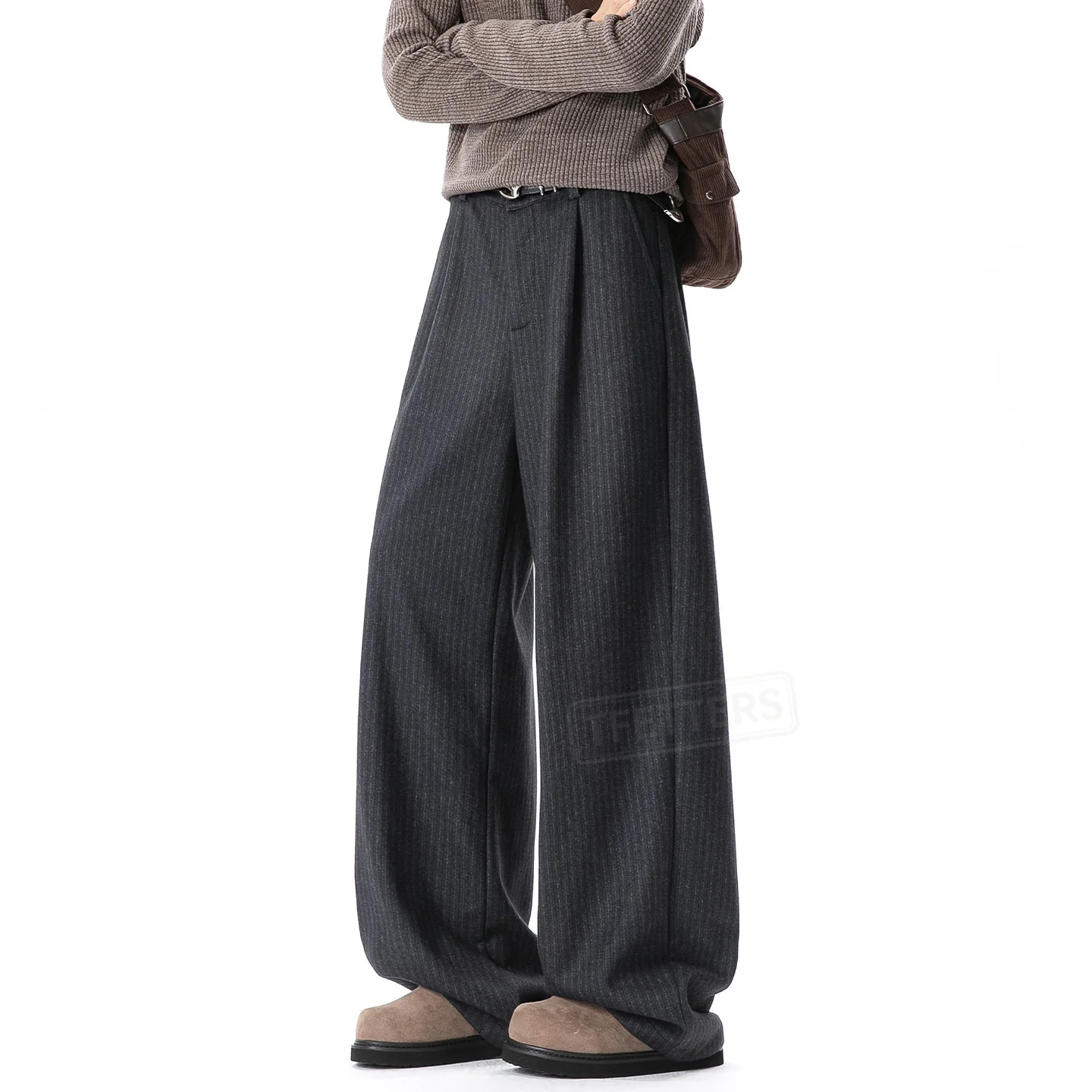 TFETTERS 2026 Spring Autumn Men Loose Trousers Faux Wool Heavyweight Textured Vintage Loose Fit Polyester Solid Color Daily Wear