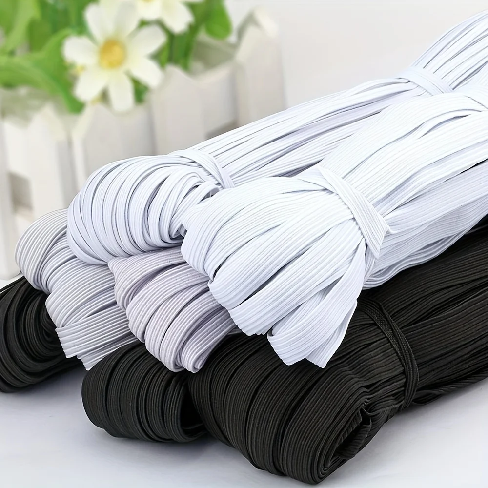5 Yards Premium White & Black Elastic Bands - Versatile Sizes 4-10mm, Durable Polyester Stretch Tape for DIY Sewing, Crafts