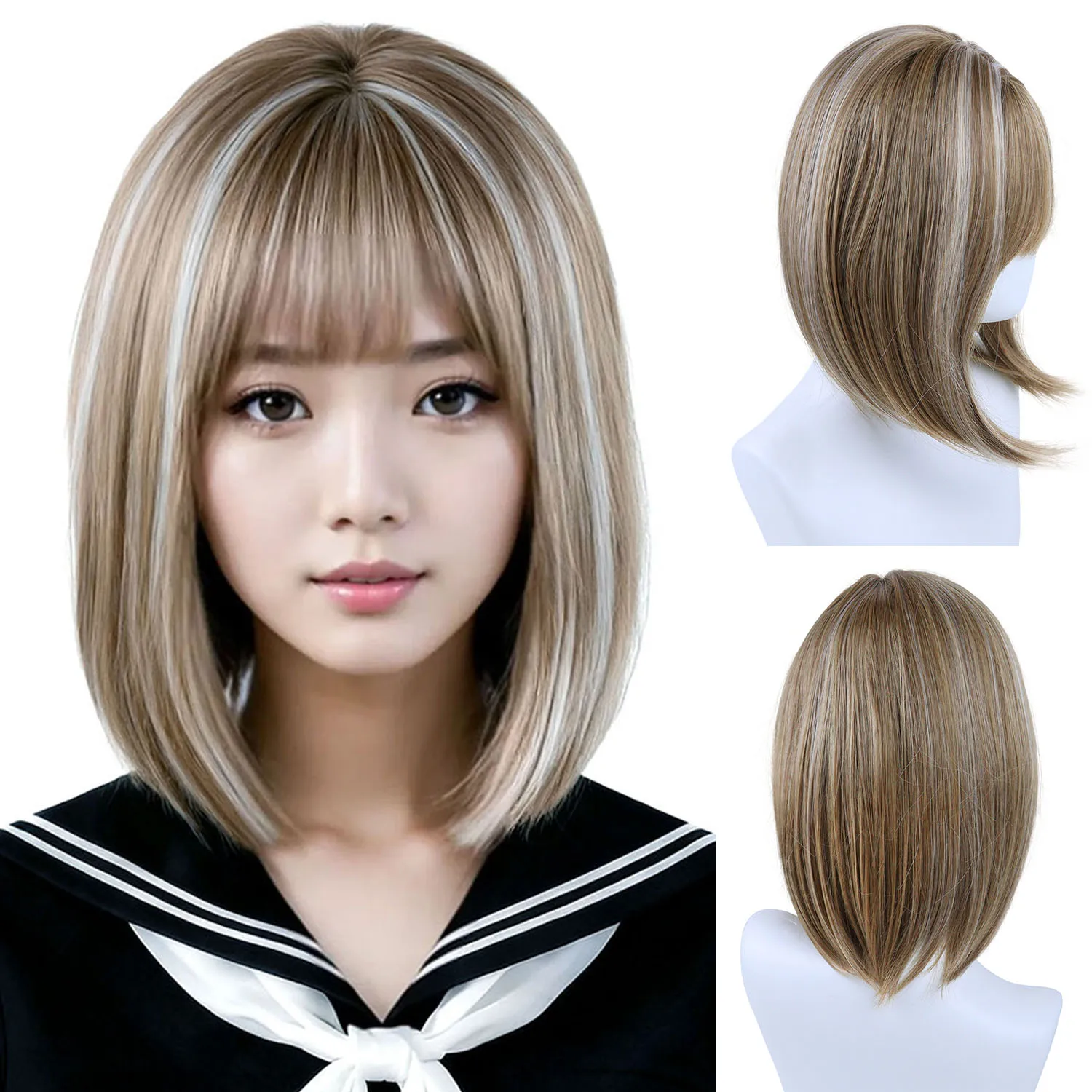 باروكة بنية قصيرة مع غرة، باروكات صناعية مستقيمة للنساء، ناعمة وسهلة الارتداء، شعر مستعار للفتيات للحفلات التنكرية اليومية للهالوين