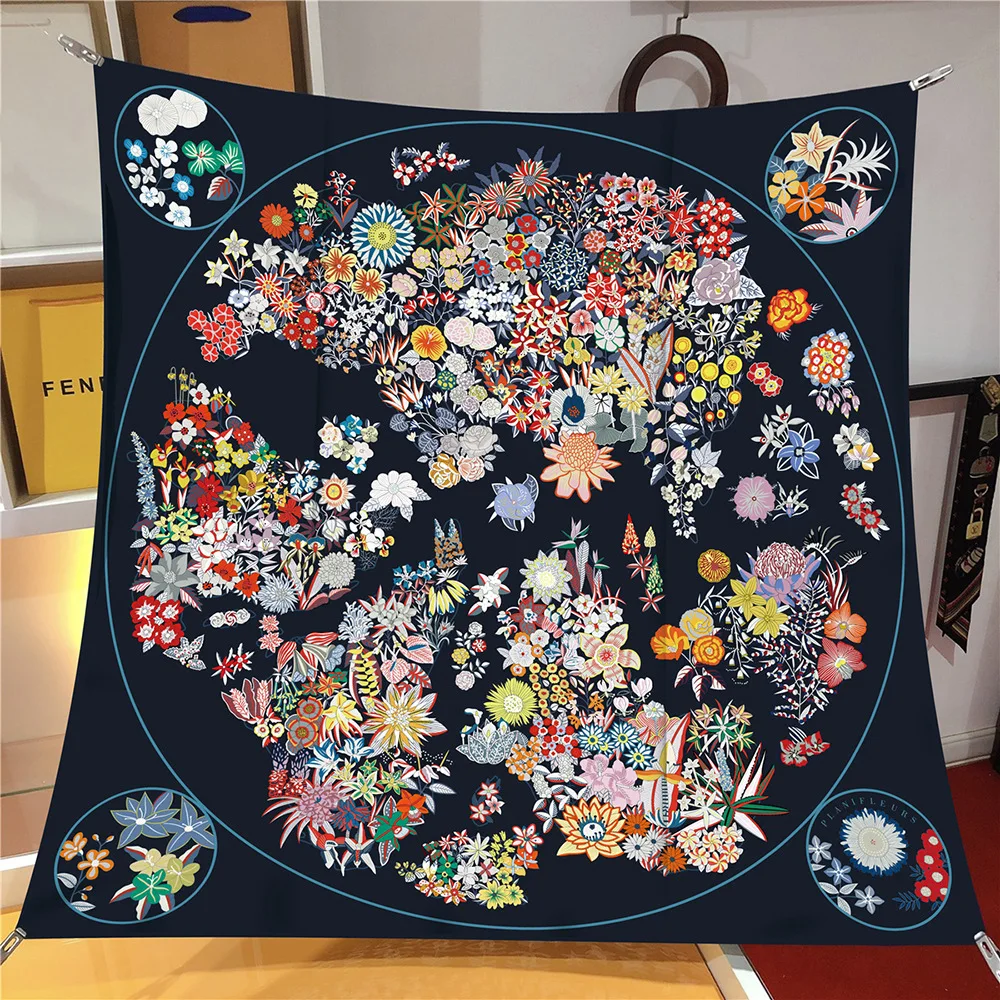 Luxus Marke Retro Floral Quadrat Schal Frauen Twill Seide Schals Wraps Strand Schal Hijabs Große Foulards Halstuch Kopfbedeckung