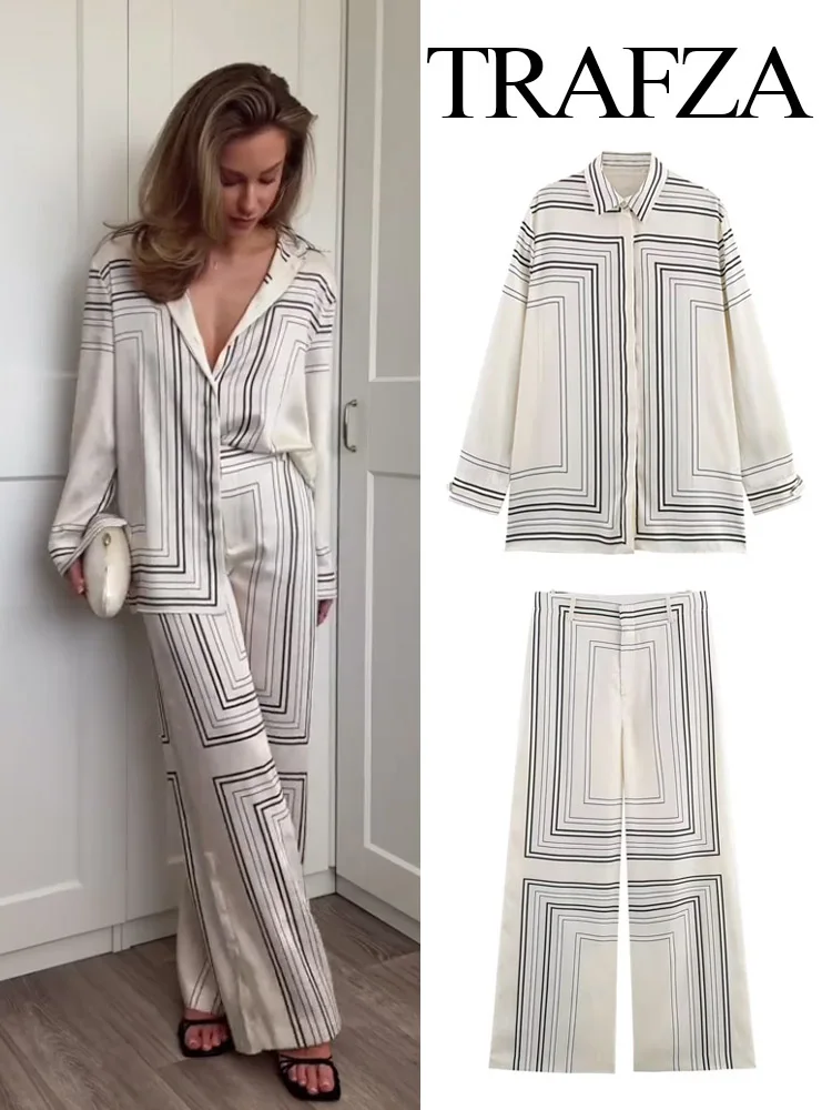 

TRAFZA 2025 Women Trouser Suit Turn-down Collar Long Sleeve Single-breasted Slim Print Shirt+High Waist Zipper Loose Long Pants