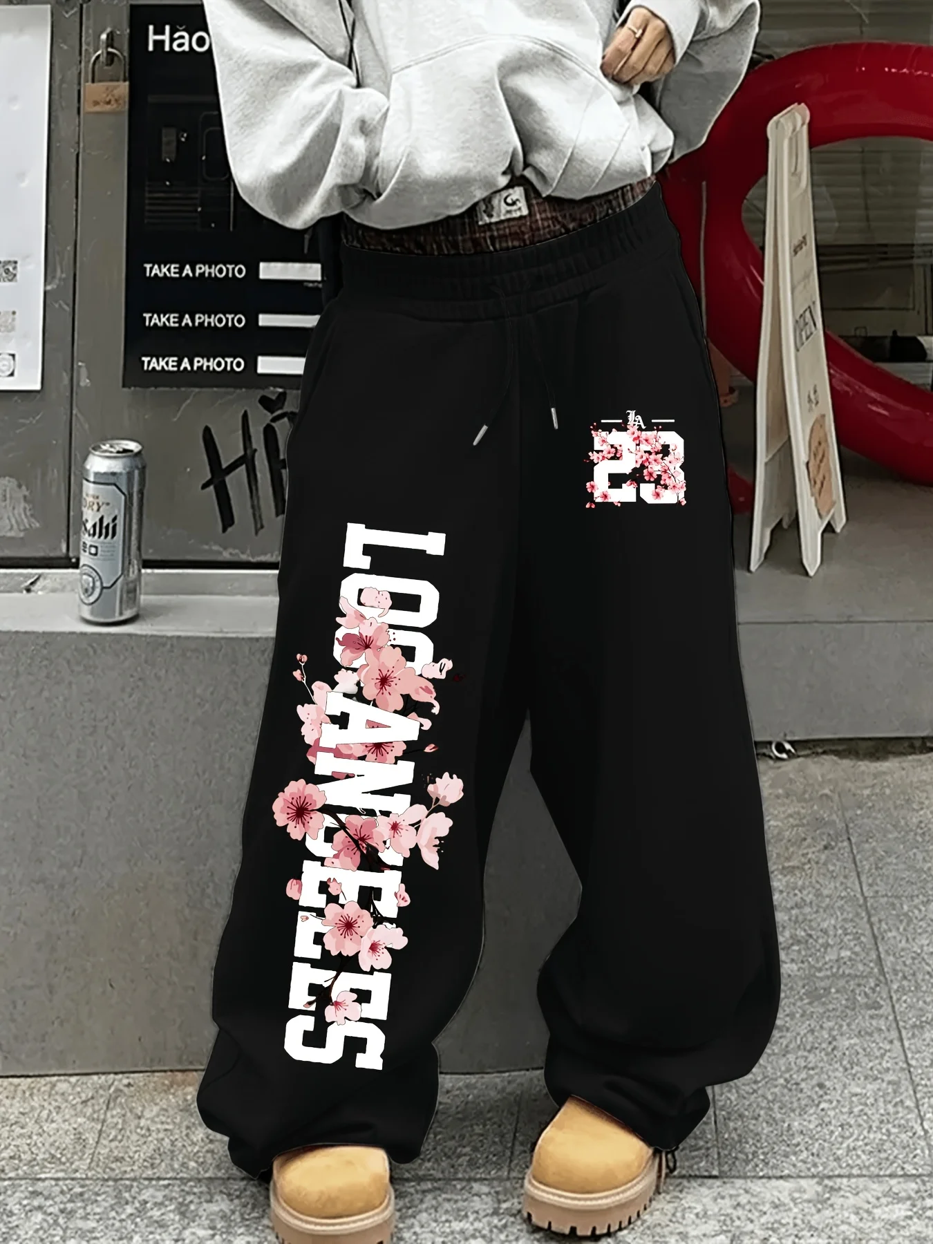 Men American Straight Leg Sweatpants Los Angeles Large Letter Sakura Number Print Loose Drawstring Trend Street Daily S-3XL