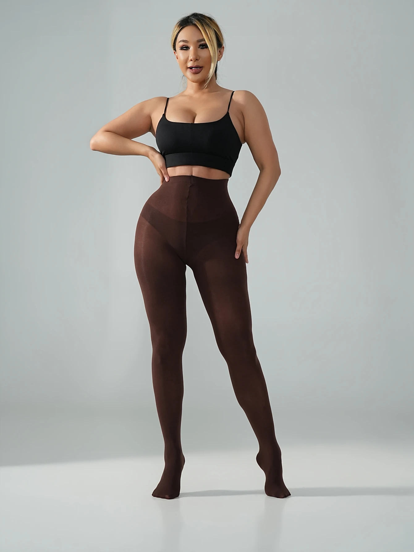 Women's Coffee Brown Glossy Oil Tights High Elastic Smooth Opaque Pantyhose Footed Stockings For Autumn Winter Daily Party Outfi