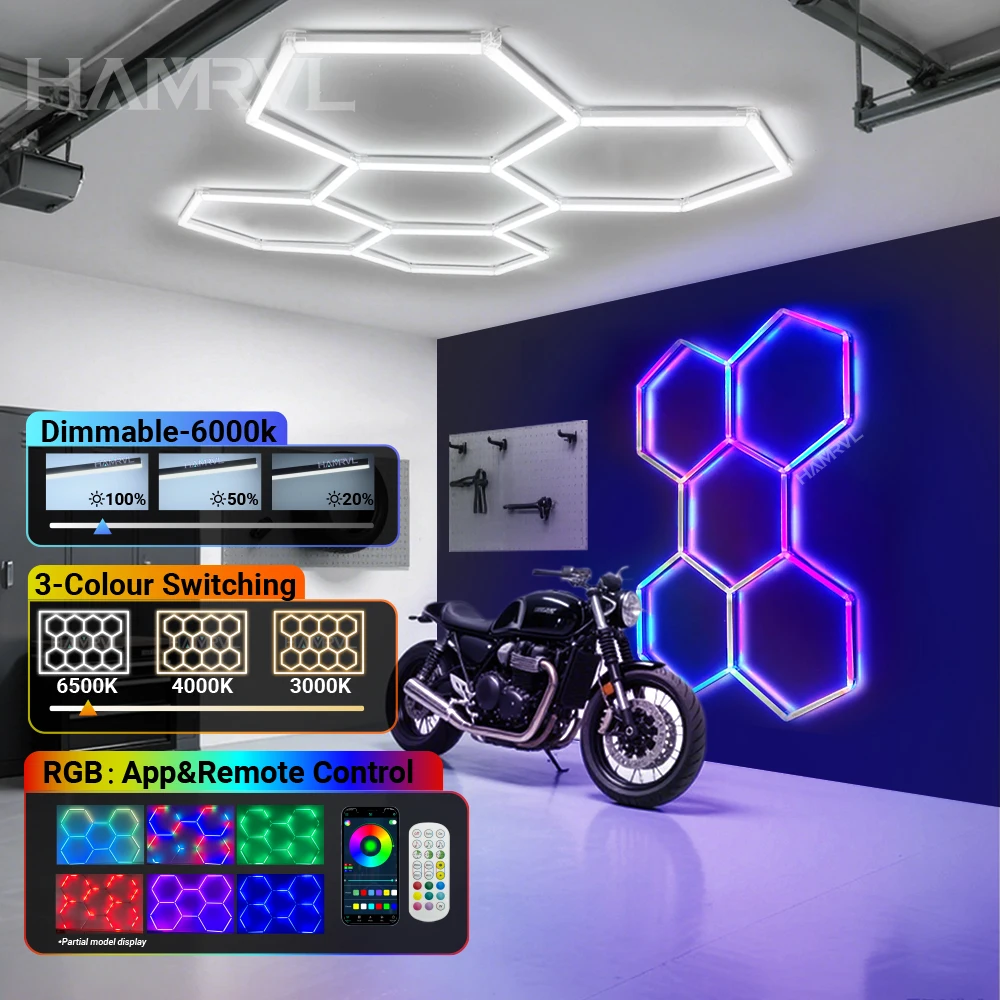 Dimmable Hexagon Garage Lights RGB Color Change 6000K/4000K/3000K honeycomb LED Tube Gym Room Work Barber Shop Ceiling Lighting