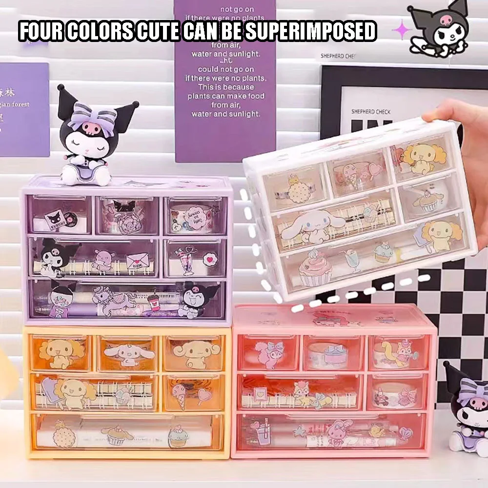 Kawaii Sanrio Series Transparent Storage Box 6 Grid Kuromi Cinnamoroll Melody Desktop Drawers Organizer Accessories Stickers