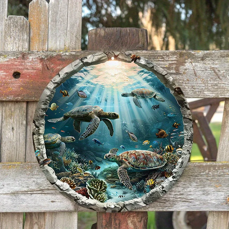 Sea Turtle Ocean Theme 3D Visual Effect Aluminum Wall Art, Circular Metal Sign Decor, Ideal for Home, Clubs, Outdoor Settings