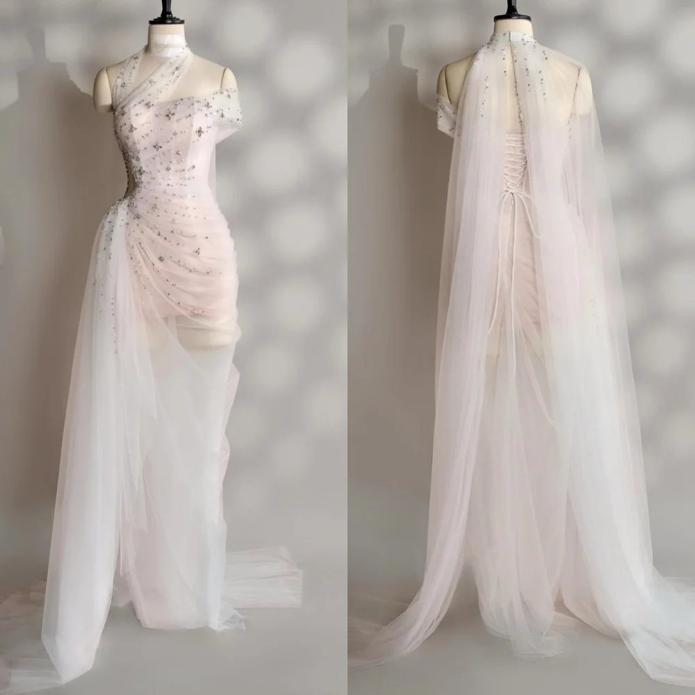 

Customized Elegant Net Pleat Sequined Column One-shoulder Long Dresses Bespoke Occasion Evening Chinese Style