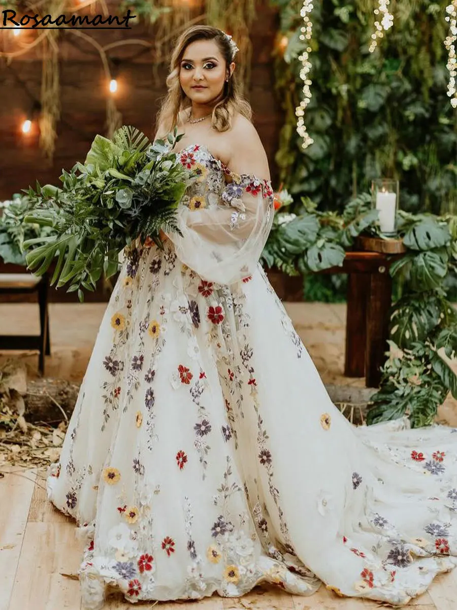 

Женское свадебное платье-трапеция с открытыми плечами, длинным рукавом и цветочной аппликацией, кружевное платье