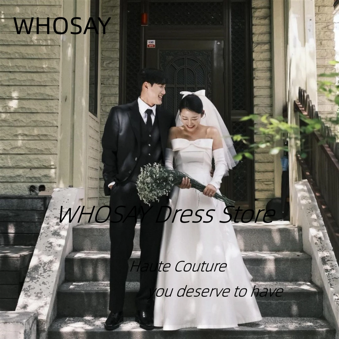 

WHOSAY Satin Wedding Dresses Korea Strapless Bow Detachable Long Sleeves Bridal Dress A Line Wedding Paty Photos Shooting