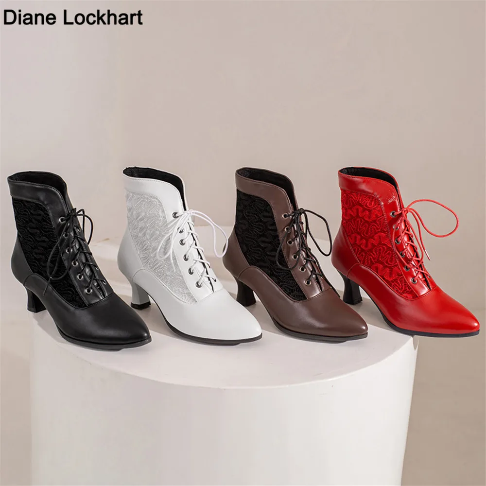 Women Victorian Pointed Toe Ankle Boots Leather Lace Hollow Out Punk Lace Up Strange Steampunk High Heel Shoes Plus Size 32-46