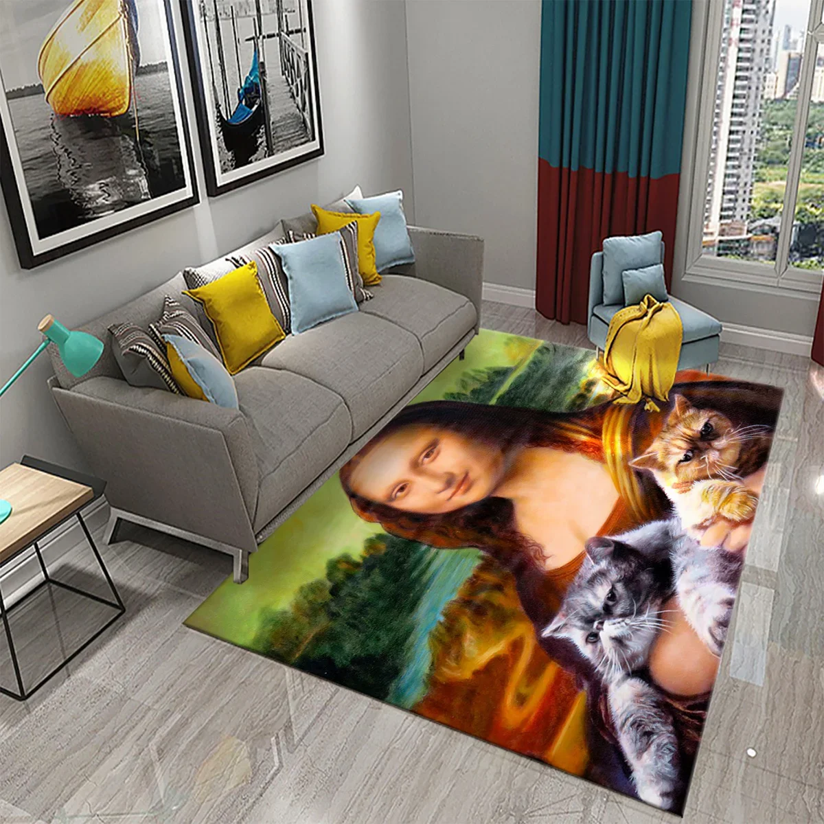 Funny Mona Lisa Oil Painting Carpet Home Decor Painting Mat for Living Room Bedroom Kitchen Bathroom Non-slip Floor Area Mats