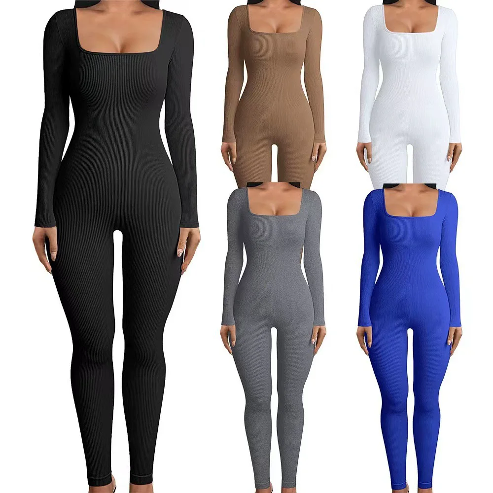 

Women's Activewear Solid Color Ribbed Yoga Jumpsuit, Seamless Slim Fit Long Sleeve Sports Bodysuit