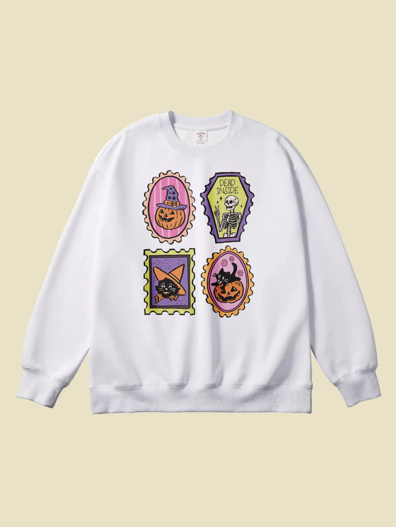 Modny damski sweter na Halloween z wielokolorowym nadrukiem, okrągły dekolt, dopasowany krój, czysta bawełna, idealny na jesień i zimę, styl sportowy na Halloween.