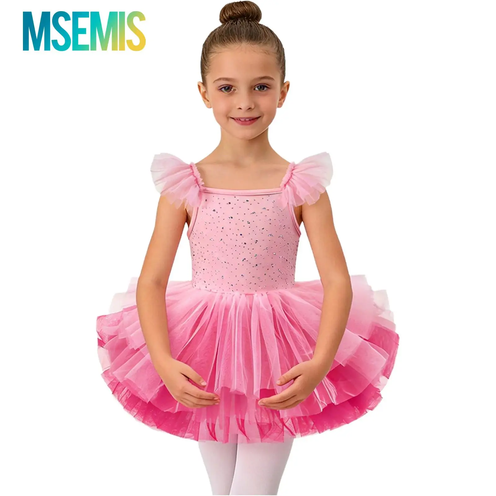 

Kids Girls Shiny Rhinestones Ballet Dance Costume Bodice Ballerina Tulle Dance Dress Ruffled Sleeves Dress with Built-in Briefs
