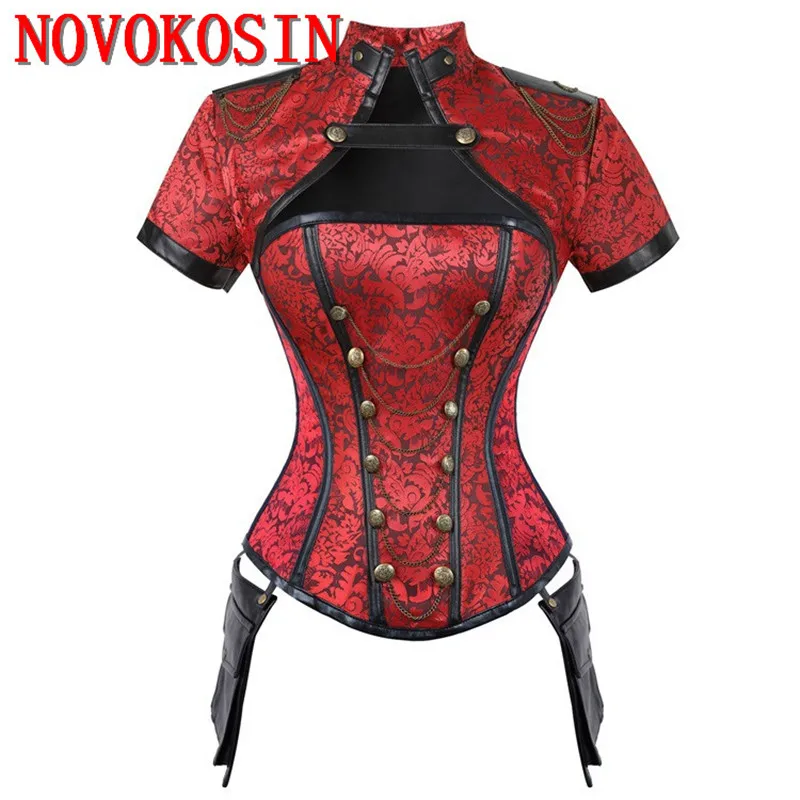 S-2XL Lace Cotton Fabric Gothic Firm Bustier 11 Pieces Steel Bone Iron Chain Corset With Shawl Top Women Lacing Back Shapers