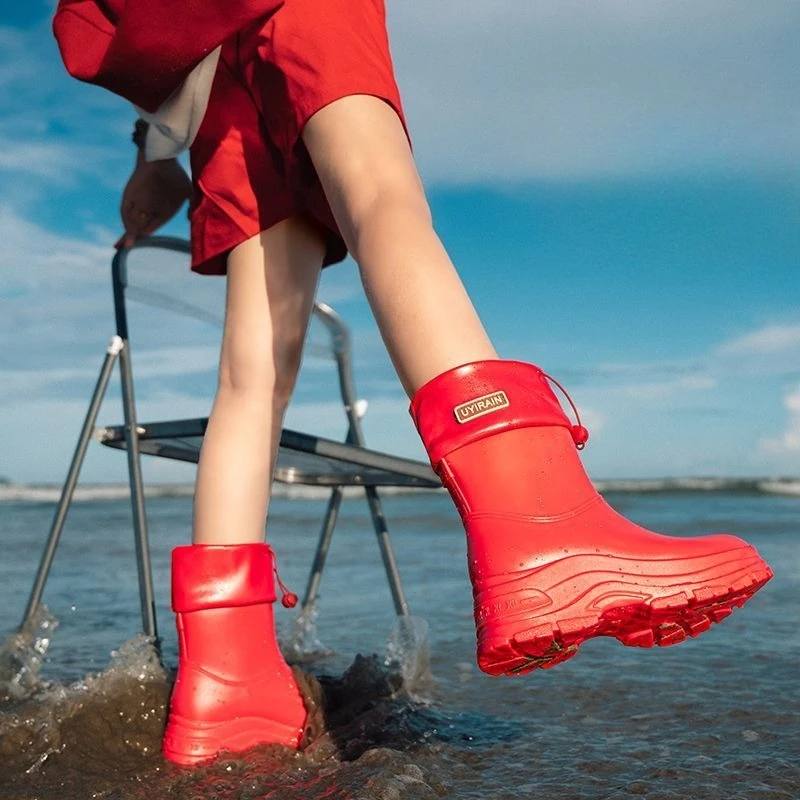

Women's Thick Sole Solid Color Rain Boots Anti Slip Elastic Cuff Waterproof Short Rubber Boots for Outdoor Kitchen Adult Wear