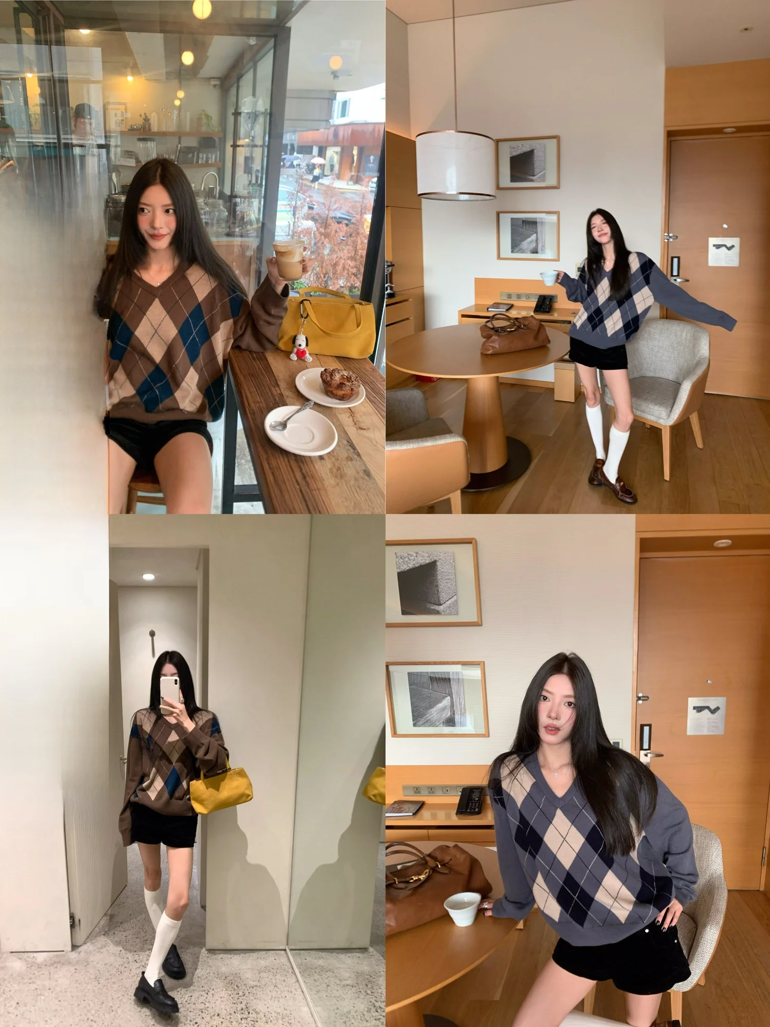 

Long Sve Knitted Sweater Diamond Pattern Casual Sle Loose Fit V-Ne Polyester Fiber Girl's Autumn New Arrival