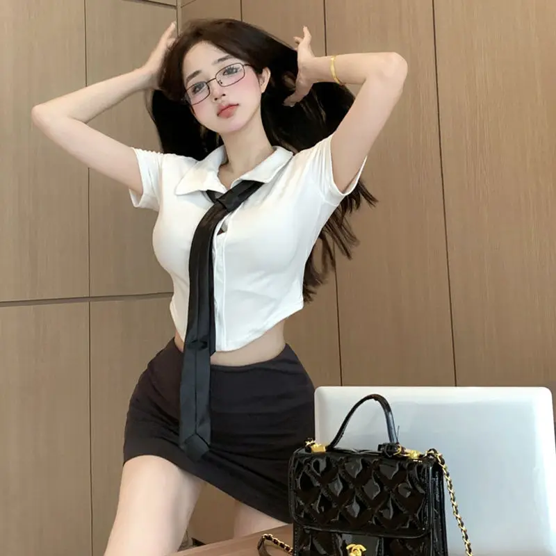 

Женские комплекты Slim Hotsweet с короткими рукавами в консервативном стиле, укороченные топы, мини-юбки, молодежный футляр, корейский летний темперамент, шикарные Ins