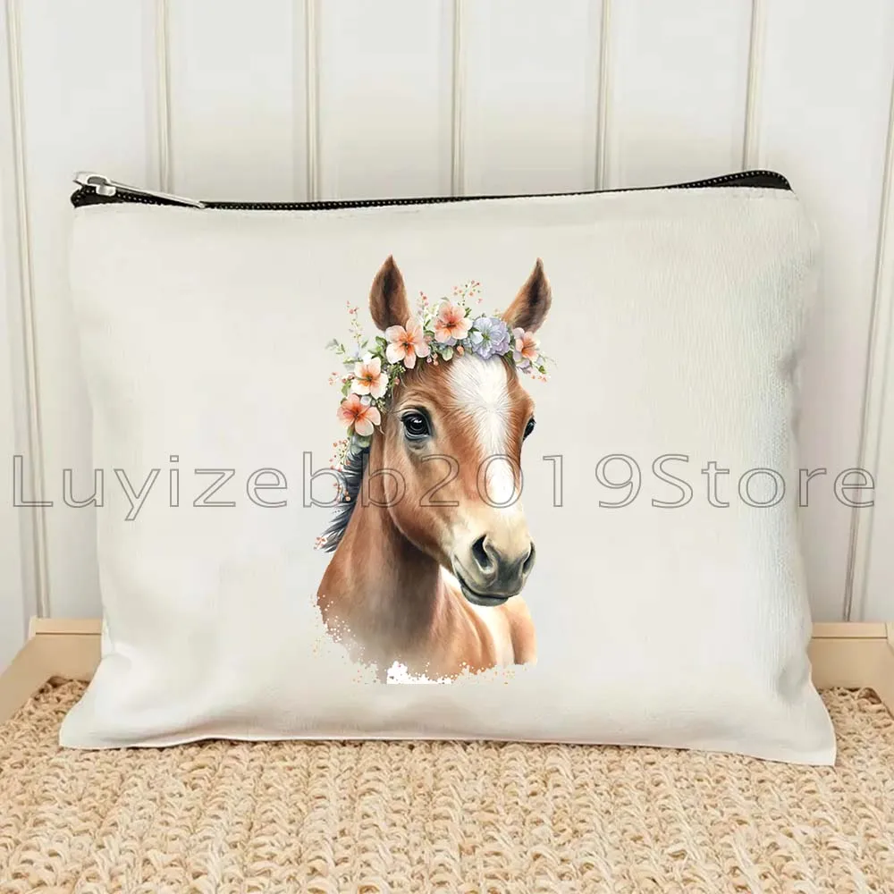 Wild Spirit Floral Horse Canvas Cosmetic Bag Oil Painting Makeup Toilet Bag Pencil Case Zipper Pouch Key Coin Purse Storage Bag