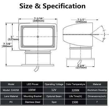 Proiettore a LED 12V 100W con telecomando, rotazione a 360 gradi, per camion, fuoristrada, SUV, barche, luci di guida marine, 1 pezzo 10 best sales faro di ricerca per barche - №5