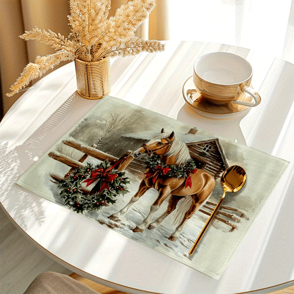 VIKAMA 4-teiliges Tischset mit Weihnachts-Pferde-Aufdruck – rutschfeste Tischmatte für Küchen-Esstisch, Feiertags-Party-Dekoration