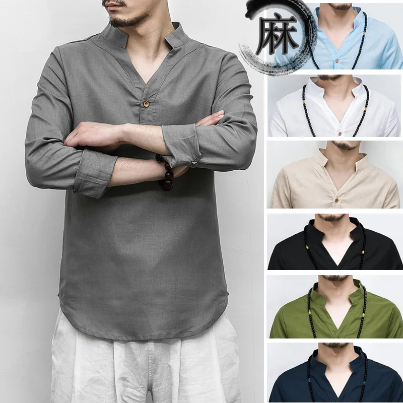 

Chinese Traditional V-neck Linen Blouse Casual Clothing Men Plus Size Tee Top Long Sleeve Kung Fu T-shirt Tang Suit Hanfu Outfit