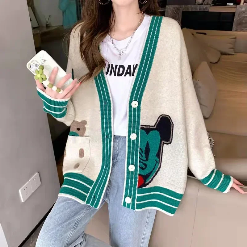 Disney Knitted Cardigan Japanese Mickey Cartoon Sweaters for Women Coat Female Autumn and Winter Loose Wild Thicken Kawaii Tops